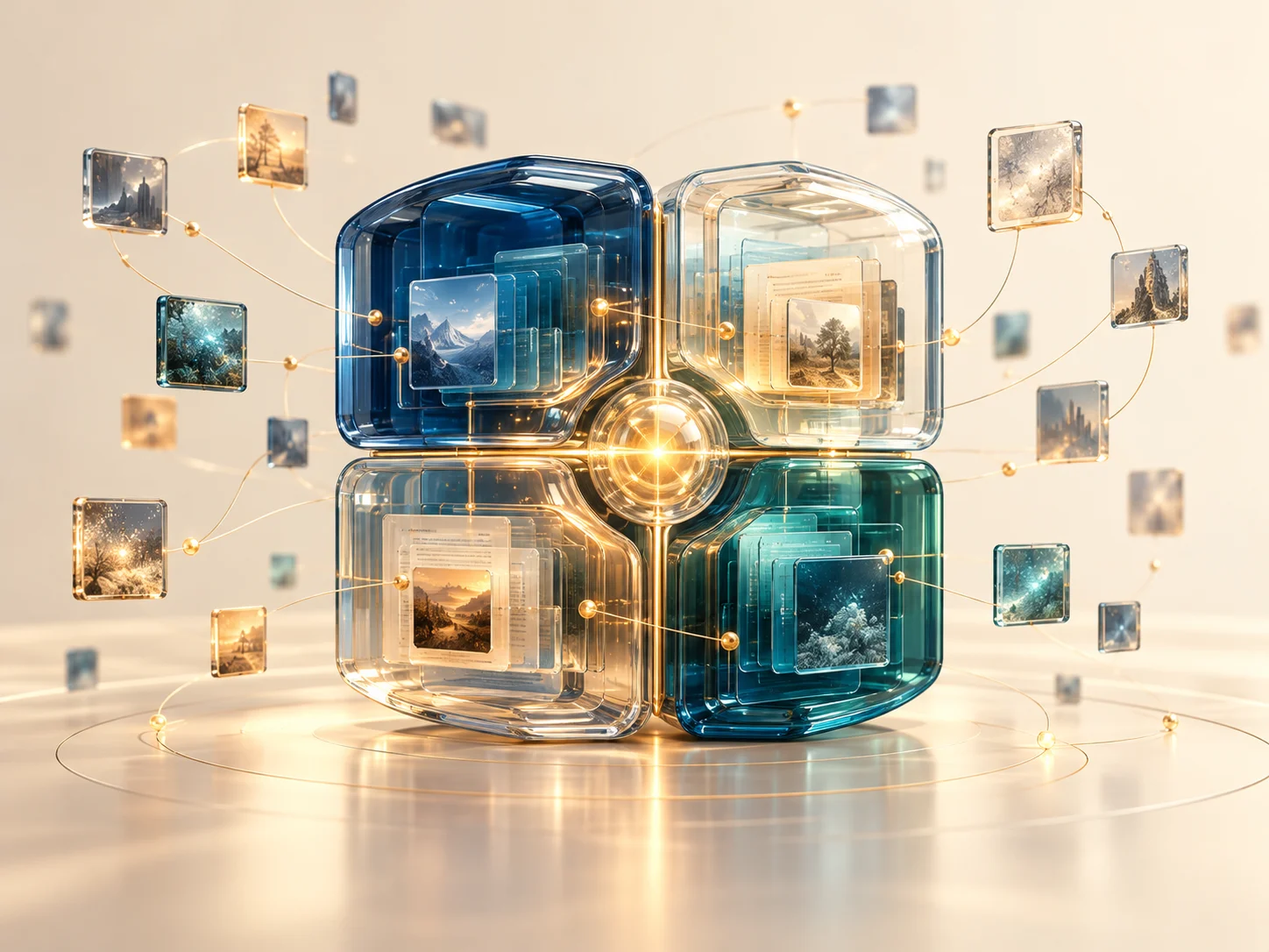 Conceptual illustration of four connected glass memory compartments and information cards representing persistent AI agent memory.