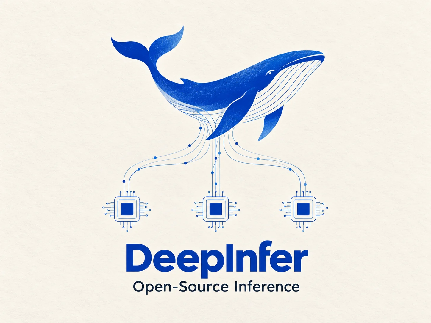 A blue whale linked by flowing data lines to three microchips above the words DeepInfer and Open-Source Inference.