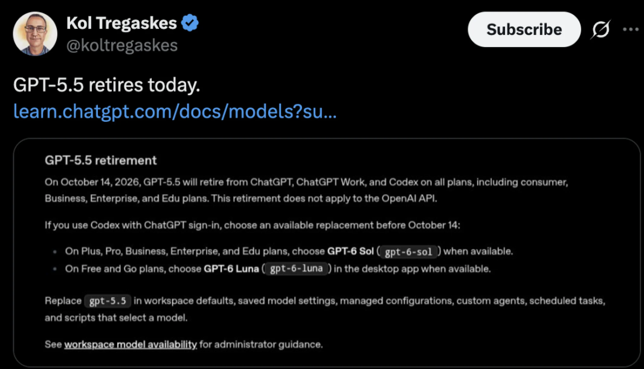 GPT-5.5 Retirement Notice Shared by Kol Tregaskes