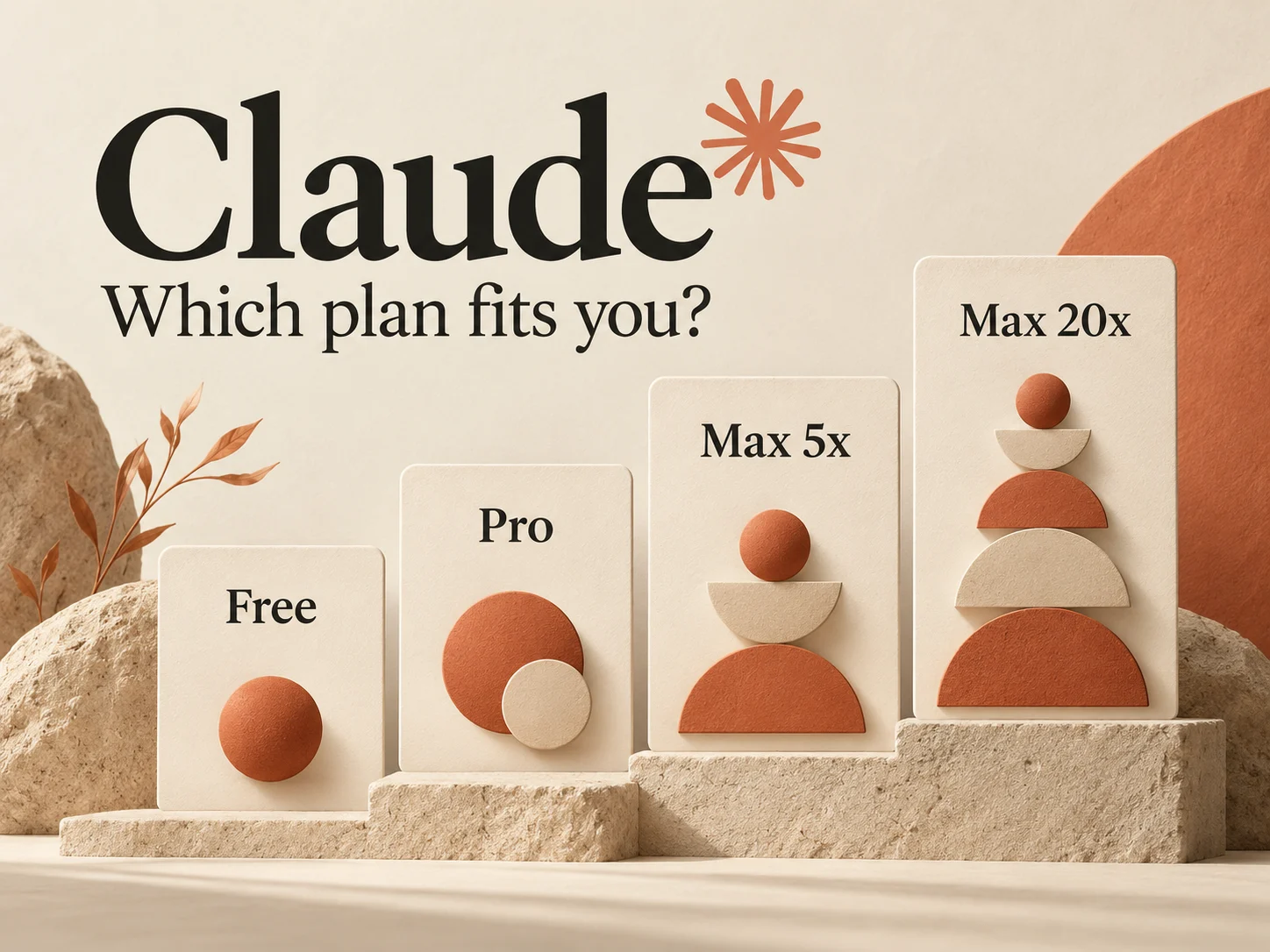 Claude Free, Pro, Max 5x and Max 20x plans illustrated as four tiered cards.