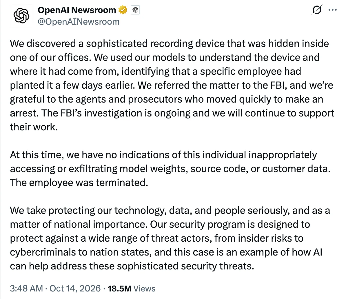 Screenshot of an OpenAI Newsroom statement about a hidden recording device found in its office and the subsequent FBI investigation.