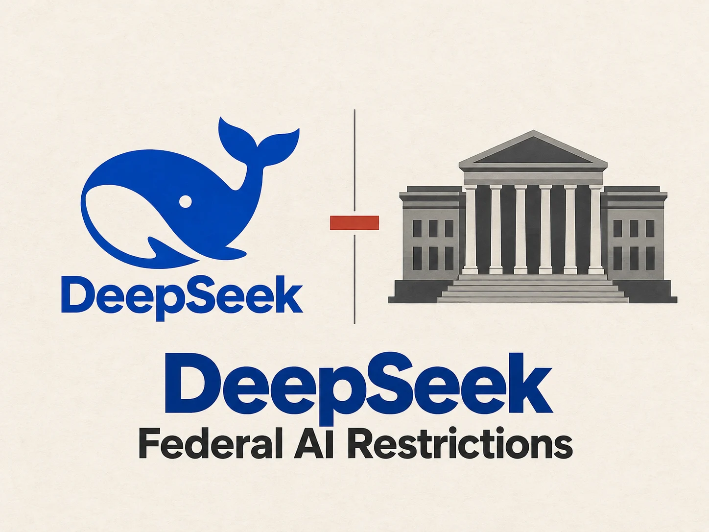 Blue DeepSeek whale beside a federal building illustration, separated by a red restriction symbol.