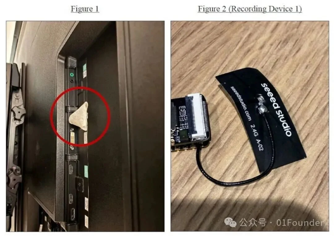 Two photos showing a red-circled location behind a display and a close-up of a recording device circuit board connected to a black antenna.