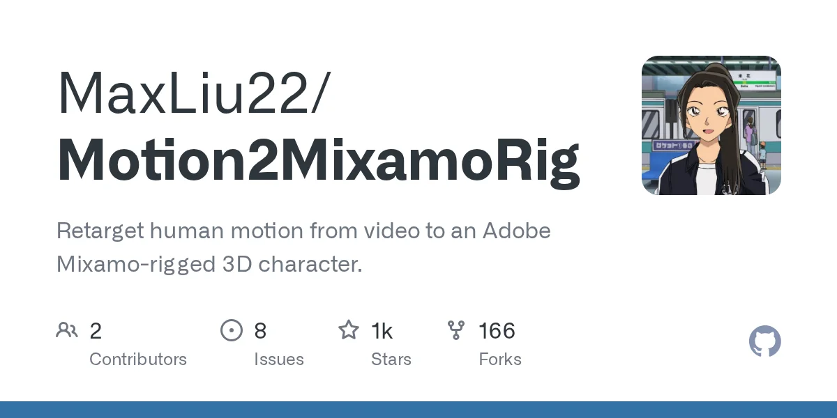 GitHub repository card for MaxLiu22/Motion2MixamoRig, an open-source tool for retargeting video motion to Mixamo-rigged 3D characters.