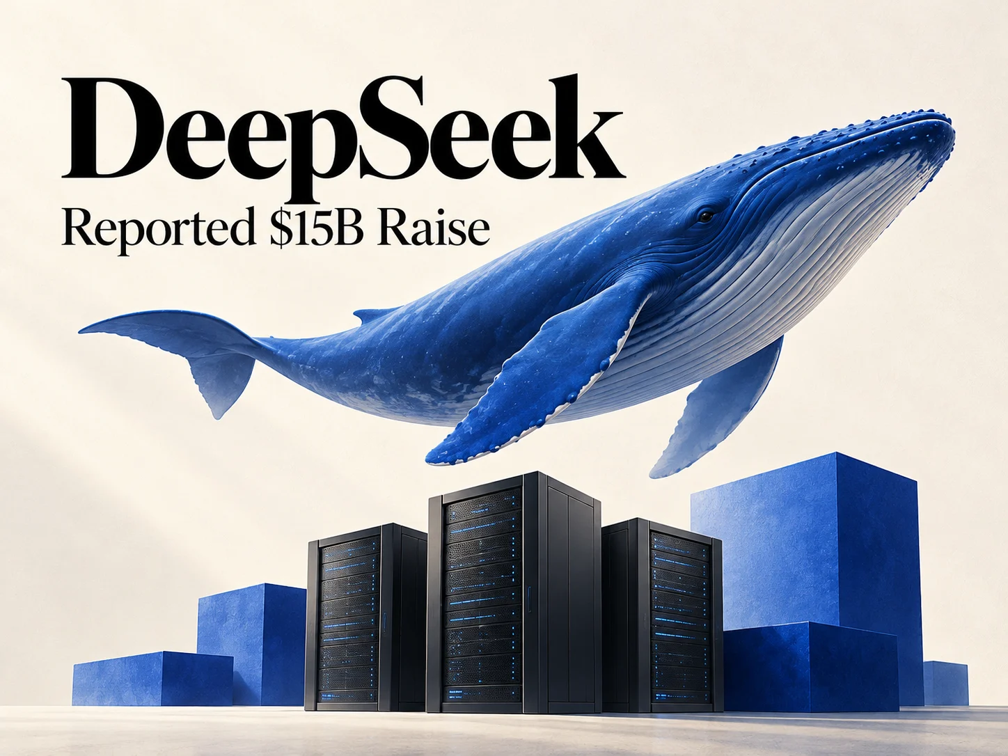 Illustration of a blue whale above server racks and rising blue blocks, representing DeepSeek’s reported $15 billion funding round.