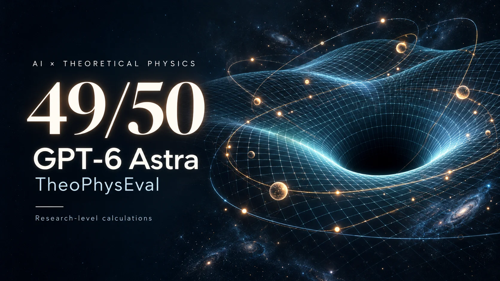 AI-generated editorial illustration of curved spacetime with the text 49/50, GPT-6 Astra, and TheoPhysEval.