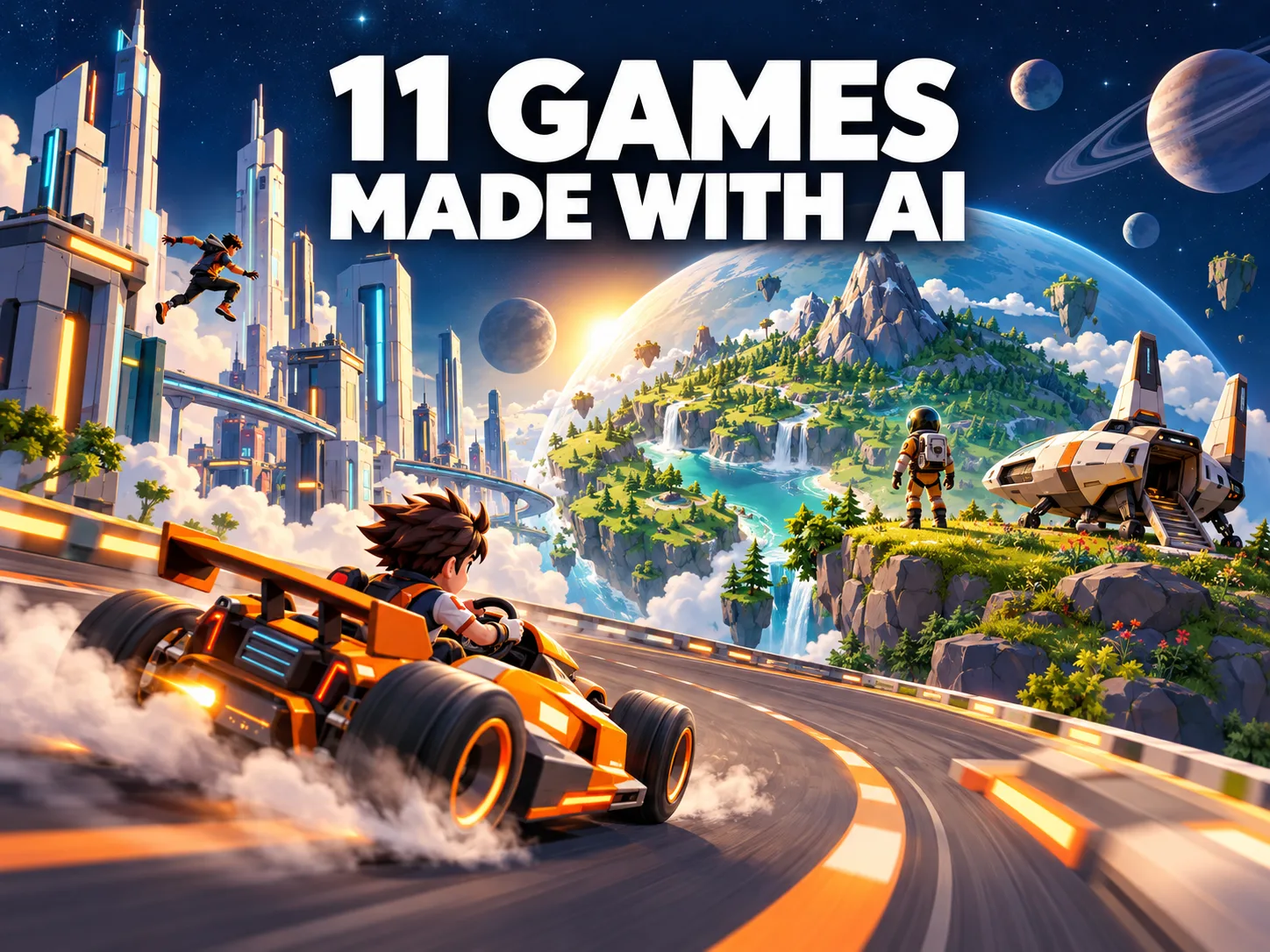 AI-generated illustration of a kart racer, a space explorer, and a futuristic city beneath the words 11 Games Made with AI.