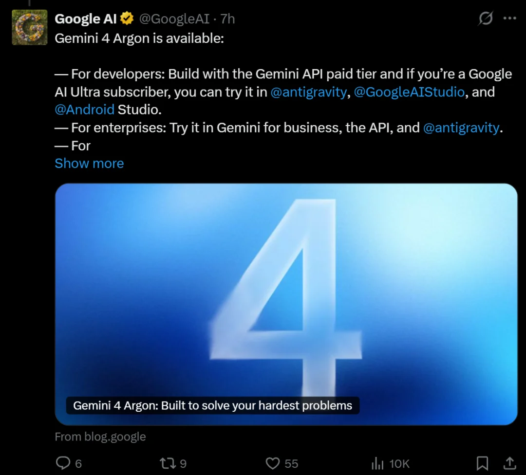 Screenshot of a Google AI post announcing Gemini 4 Argon availability, featuring a large number 4 on a blue background.