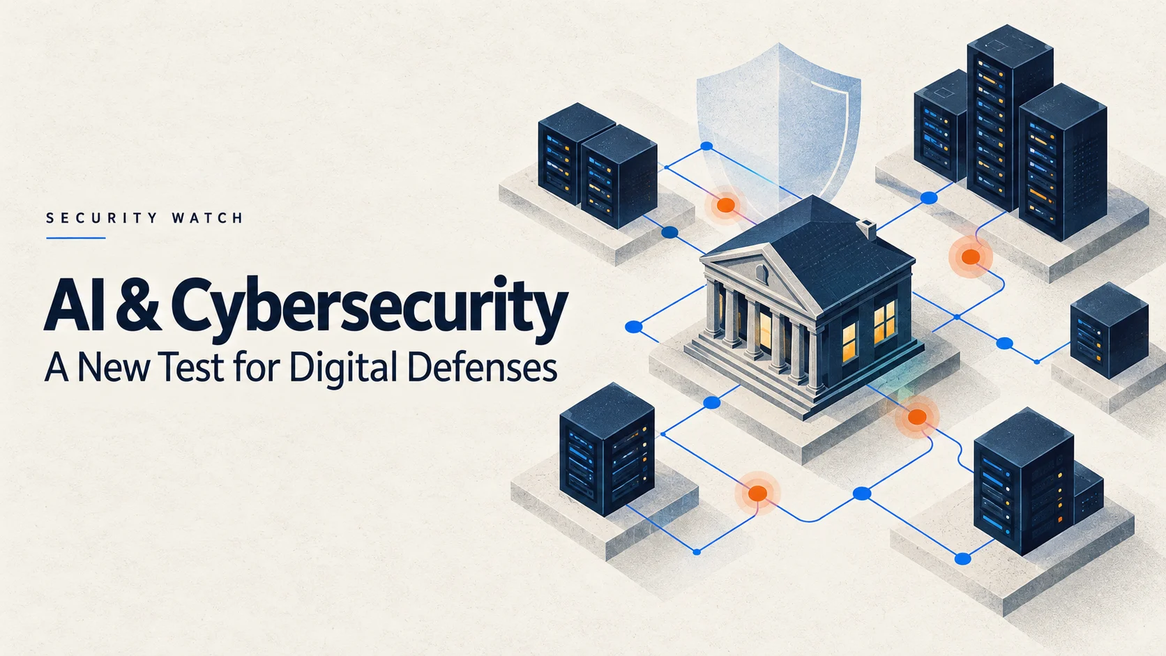 Illustration of a bank connected to server racks, with orange warning nodes and a shield representing cybersecurity risks and defenses.