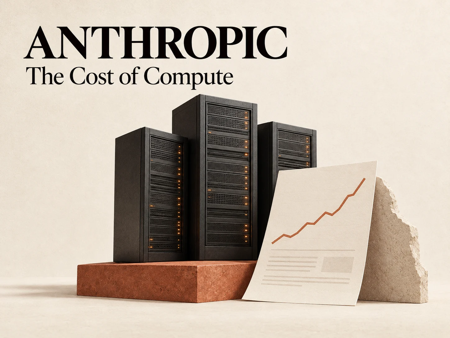 Editorial illustration of three server racks beside a report with a rising line, under the headline Anthropic: The Cost of Compute.