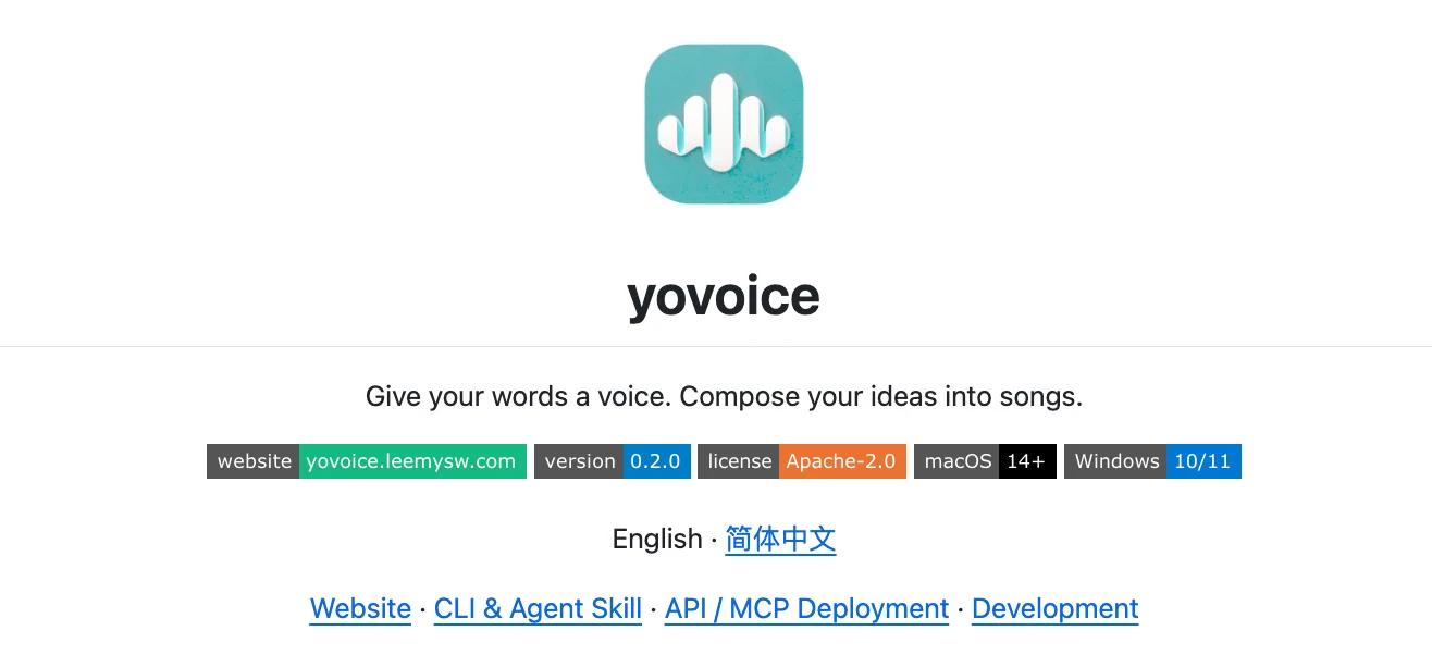YoVoice project banner with a teal waveform logo, its voice and music creation tagline, and license and platform badges.