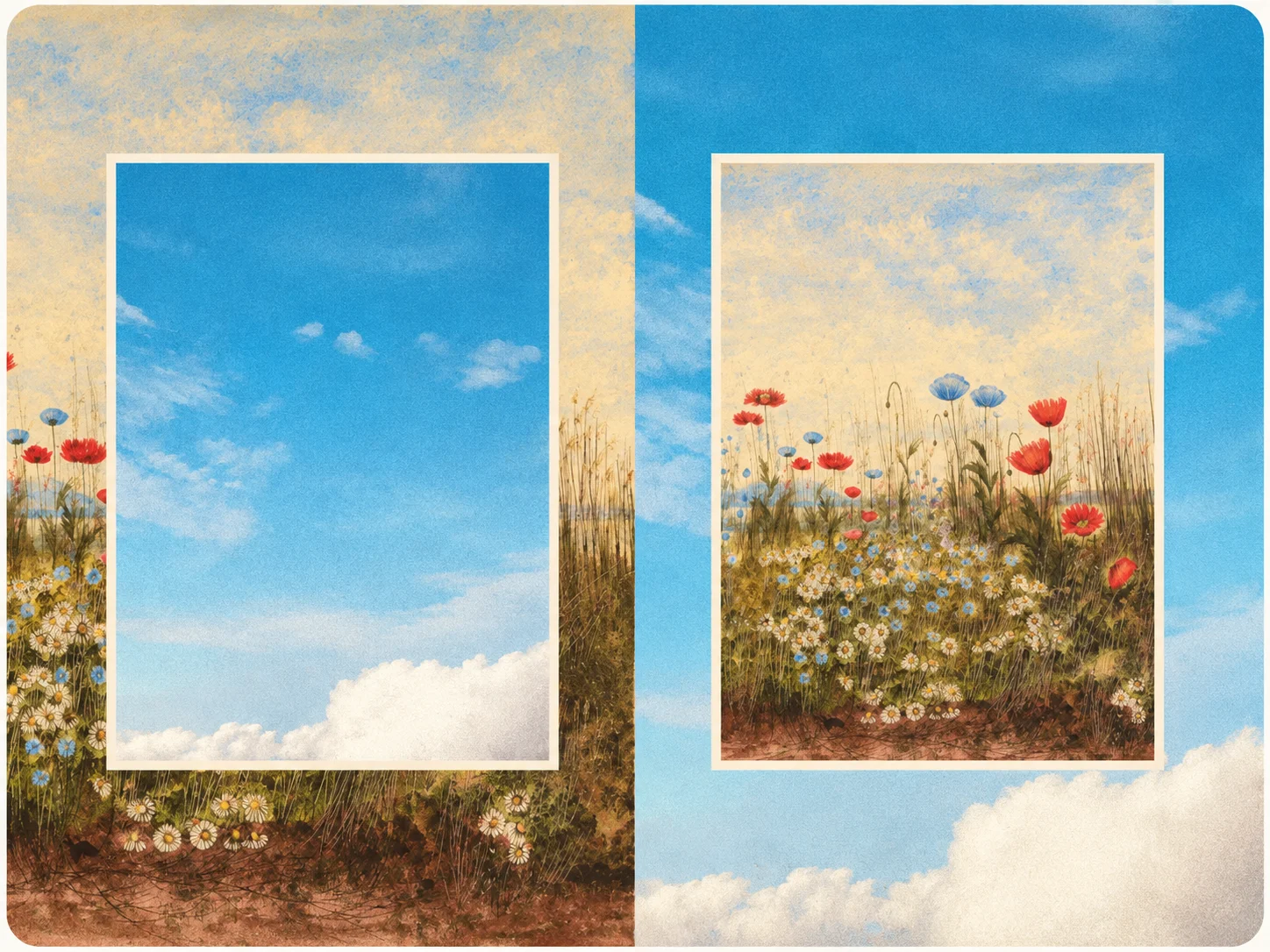 Two cream frames exchange views of a blue sky and a wildflower meadow in a textured illustration.